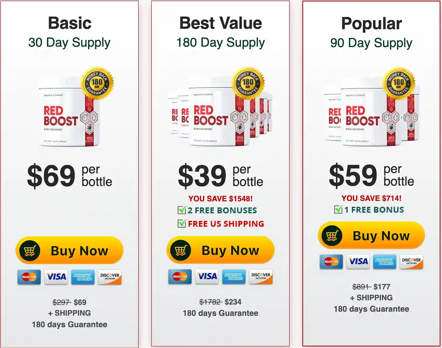 Red Boost Pricing 1 Bottle 3 Bottle 6 Bottle Packages